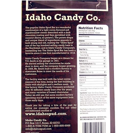 Owyhee Idaho Spud Chocolate Candy Bars 18 count case ingredients and nutrition label